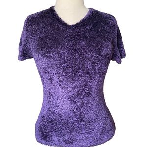 OSCAR DE LA RENTA purple V neck chenille sweater short sleeved size Med VINTAGE